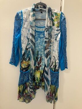 Elysee 26 Top & Vest Set Boho-chic T Top Waterfall Seaside Art Sz M Beautiful